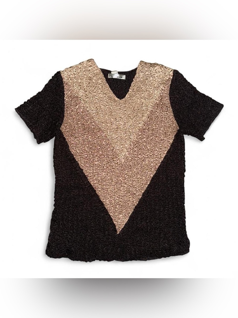 WDNY Vintage Brown and Tan Scrunch V-Neck Short Sleeve Blouse Top Size Medium